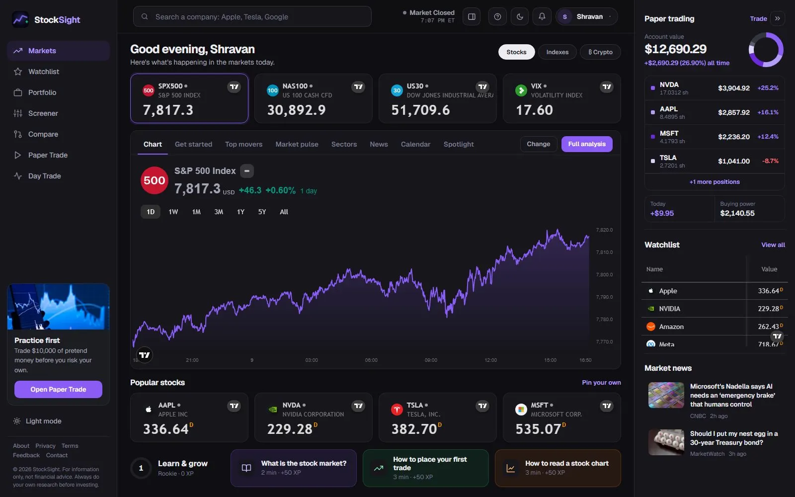 The StockSight Markets dashboard with live index tiles, an S&P 500 chart, a practice portfolio and a watchlist