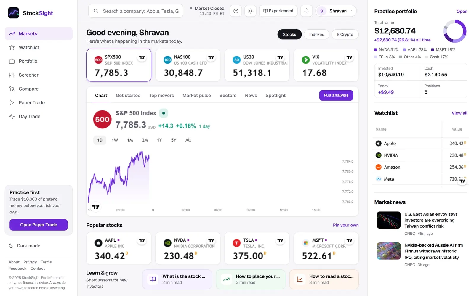 The StockSight Markets dashboard with live index tiles, an S&P 500 chart, a practice portfolio and a watchlist